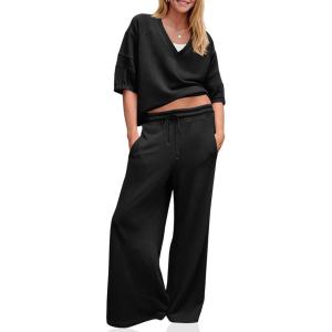 Fisoew Womens 2 Piece Outfits Casual V Neck Shirts Wide Leg Running Long Pants Loose Workout Tracksuit Sets(Black)