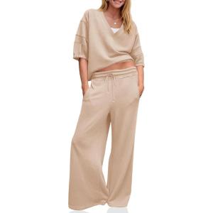 Fisoew Womens 2 Piece Outfits Casual V Neck Shirts Wide Leg Running Long Pants Loose Workout Tracksuit Sets(Khaki)
