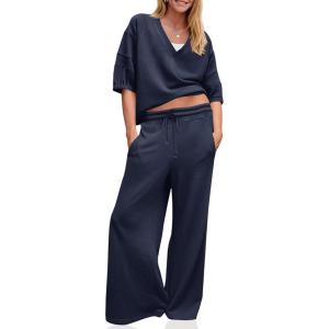 Fisoew Womens 2 Piece Outfits Casual V Neck Shirts Wide Leg Running Long Pants Loose Workout Tracksuit Sets(Navy)