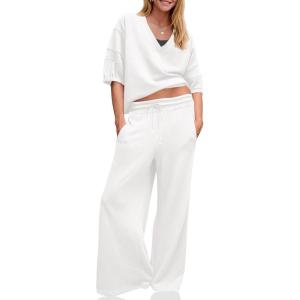 Fisoew Womens 2 Piece Outfits Casual V Neck Shirts Wide Leg Running Long Pants Loose Workout Tracksuit Sets(White)