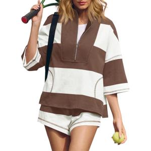 Fisoew Womens 2 Piece Outfits Summer Striped Sweatshirt Workout Shorts Sets Matching Lounge Set Tracksuits(Coffee)