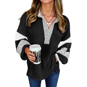 Fisoew Womens Color Block Oversized Sweatshirt Polo V Neck Long Sleeve Shirts Casual Loose Pullover Tops(Black)