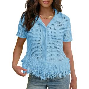 Fisoew Womens Crochet Cardigan Short Sleeve Fringe Collared Button Up Sweater Tops Boho 2026 Summer Vacation Shirts(Blue)