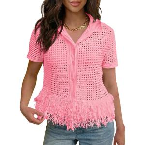 Fisoew Womens Crochet Cardigan Short Sleeve Fringe Collared Button Up Sweater Tops Boho 2026 Summer Vacation Shirts(Pink)