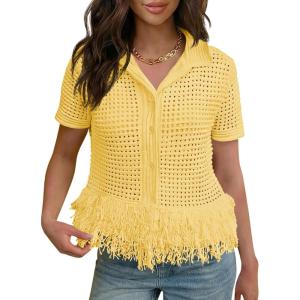 Fisoew Womens Crochet Cardigan Short Sleeve Fringe Collared Button Up Sweater Tops Boho 2026 Summer Vacation Shirts(Yellow)