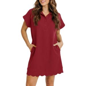 Fisoew Womens Summer T Shirt Mini Dress Short Sleeve Collared V Neck Button Loose Active Dresses with Pockets(Burgundy)