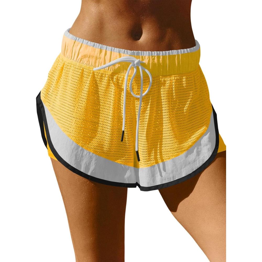 image:imageFisoew Women Athletic Shorts 2 in 1 Running High Split Color Block Workout Yoga Mesh Shorts Pocket Drawstring Yellow