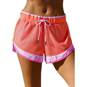 Fisoew Women Athletic Shorts 2 in 1 Running High Split Color Block Workout Yoga Mesh Shorts Pocket Drawstring Orange