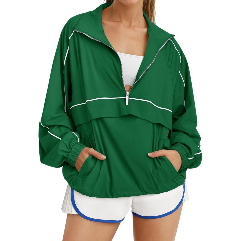 image:imageFisoew Quarter Zip Pullover Women UPF 50 Lightweight Windbreaker Jacket Running Hiking Outdoor Pullover with PocketGreen