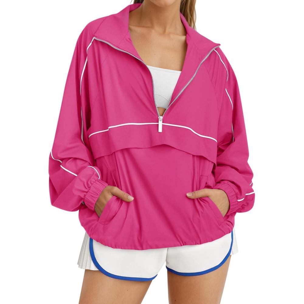 image:imageFisoew Quarter Zip Pullover Women UPF 50 Lightweight Windbreaker Jacket Running Hiking Outdoor Pullover with PocketRose Red