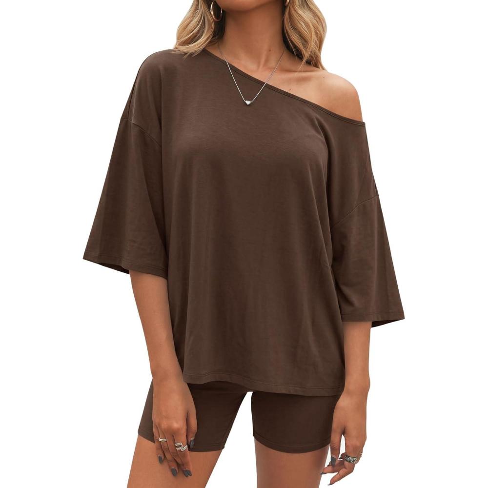 image:imageFisoew Womens 2 Piece Lounge Sets Summer Matching Sets Oversized T Shirts and Biker Shorts 2026 Trendy OutfitsCoffee