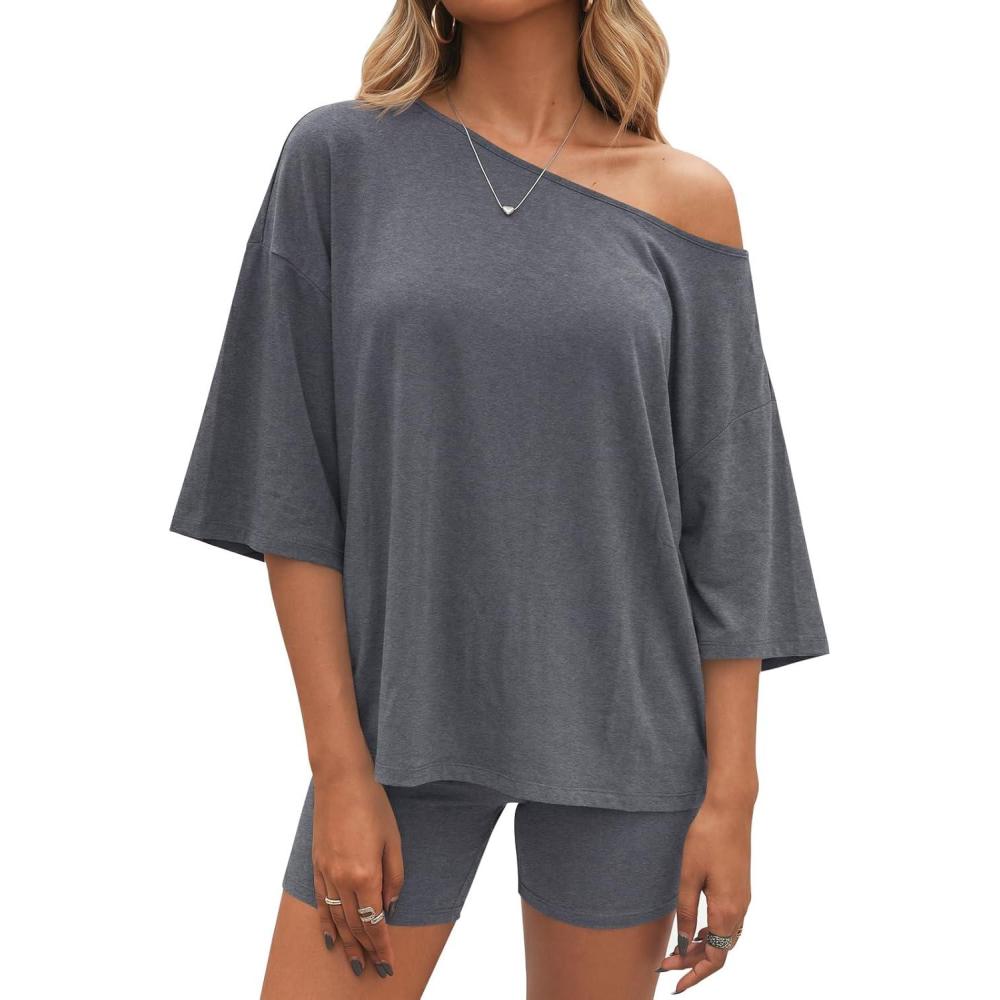image:imageFisoew Womens 2 Piece Lounge Sets Summer Matching Sets Oversized T Shirts and Biker Shorts 2026 Trendy OutfitsGrey