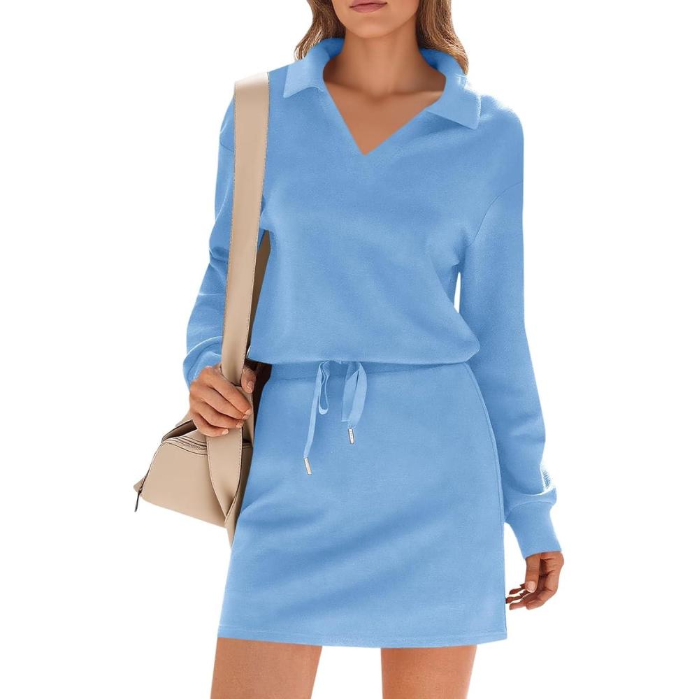 image:imageFisoew Womens 2 Piece Outfits Casual Polo V Neck Sweatshirt High Waisted Skort Skirts Running Tracksuit SetsSky Blue