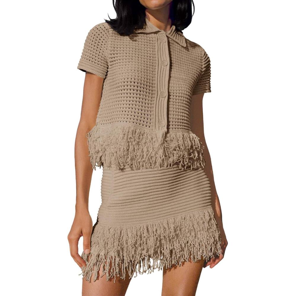 image:imageFisoew Womens 2 Piece Outfits Crochet Short Sleeve Button Knit Sweater Tops and Fringe Skirt Vacation SetsKhaki
