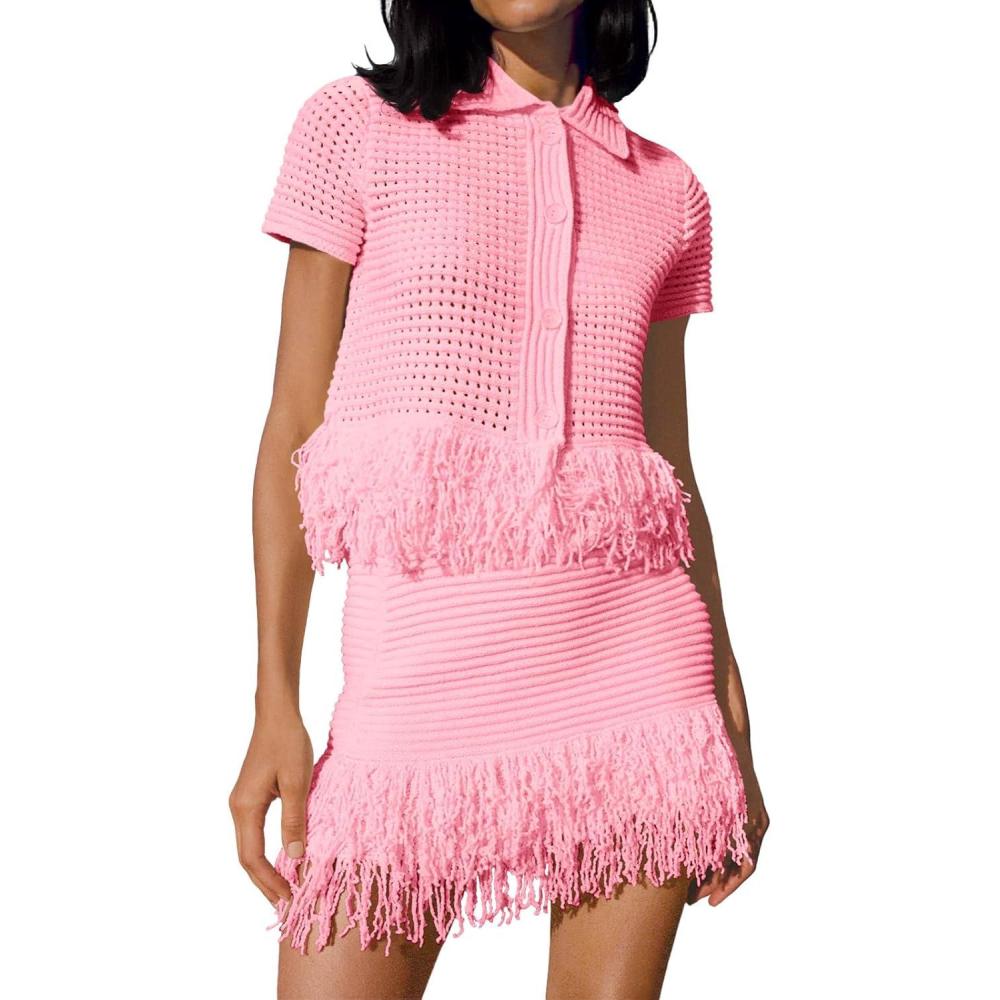 image:imageFisoew Womens 2 Piece Outfits Crochet Short Sleeve Button Knit Sweater Tops and Fringe Skirt Vacation SetsPink