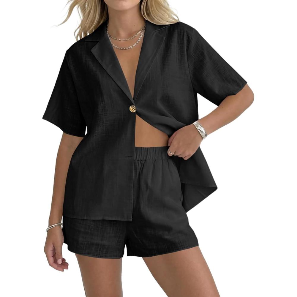 image:imageFisoew Womens 2 Piece Sets Summer Button Down Collared Shirt Shorts Sets Beach Vacation Outfits Casual Matching SetsBlack