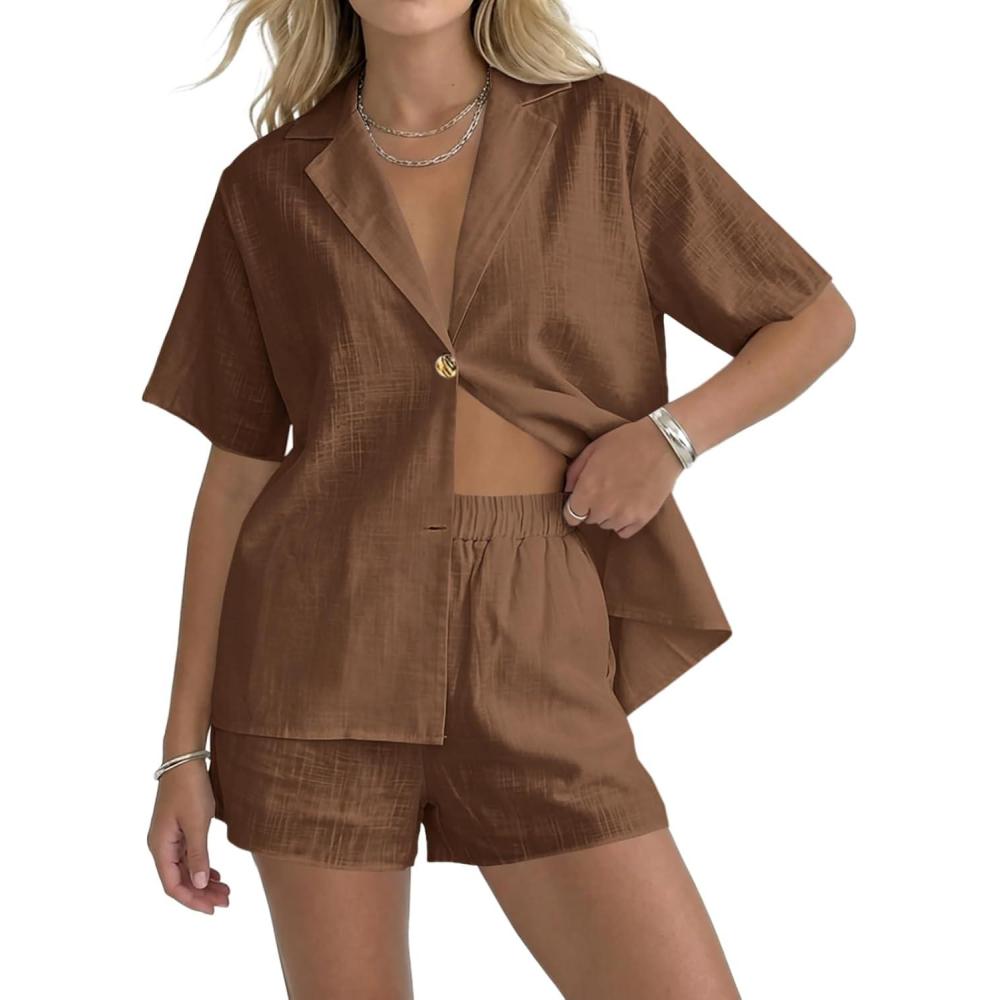 image:imageFisoew Womens 2 Piece Sets Summer Button Down Collared Shirt Shorts Sets Beach Vacation Outfits Casual Matching SetsBrown