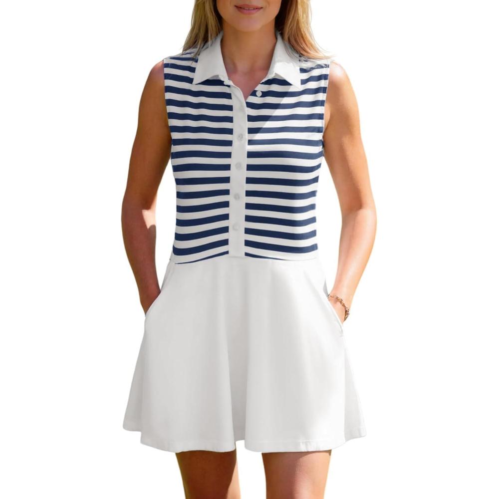 image:imageFisoew Womens Casual Mini Dress Striped Sleeveless Button Collared Loose Summer Dresses with PocketsNavy