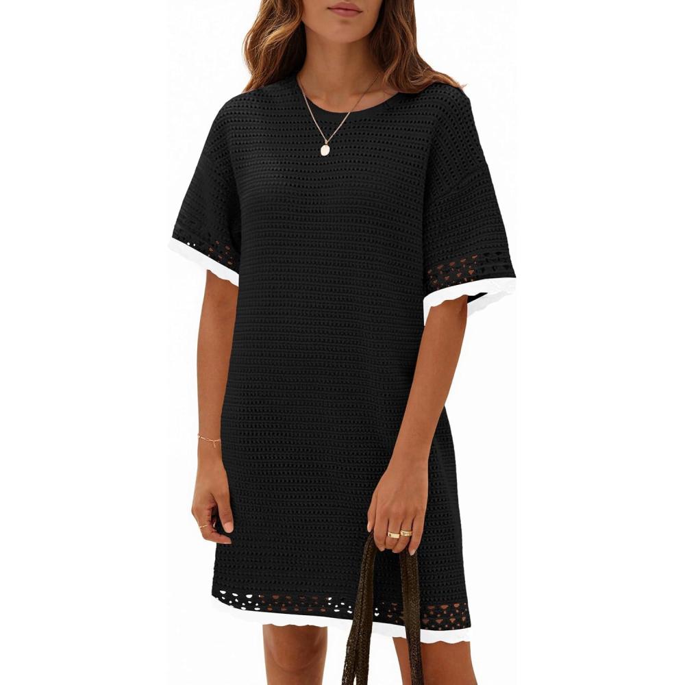 image:imageFisoew Womens Crochet Knit Dress Summer Short Sleeve Cotton Casual Loose Coverups Beach Vacation Mini DressesBlack