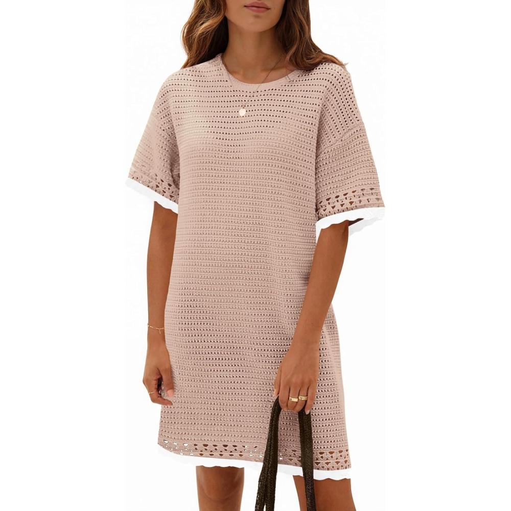 image:imageFisoew Womens Crochet Knit Dress Summer Short Sleeve Cotton Casual Loose Coverups Beach Vacation Mini DressesKhaki