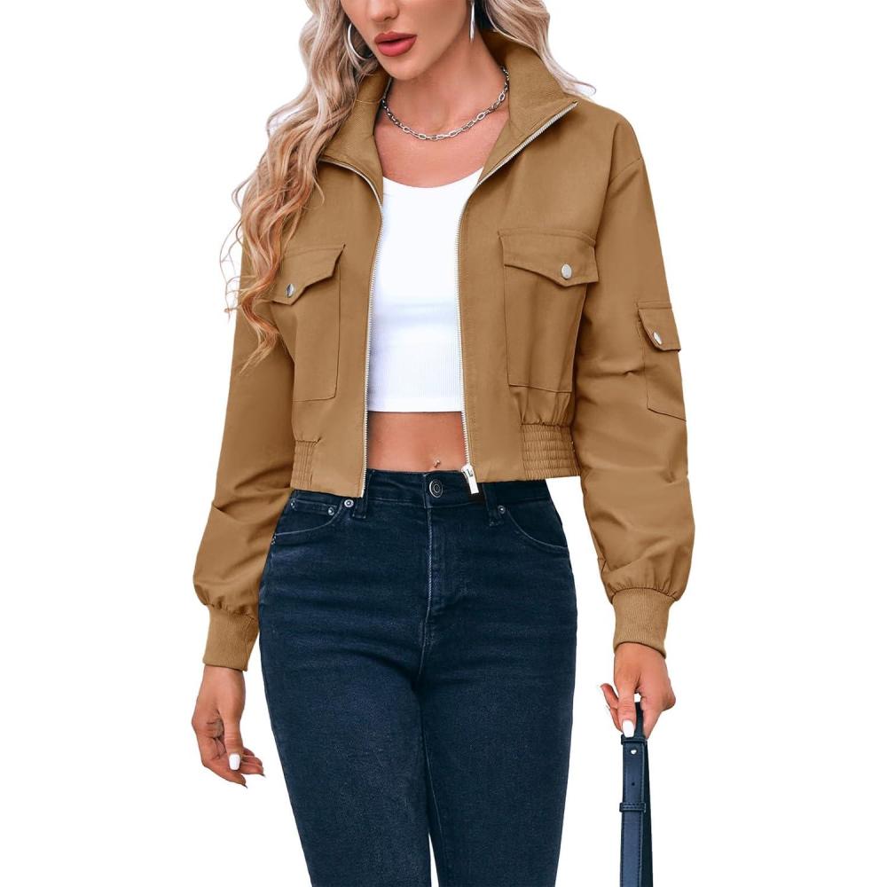image:imageFisoew Womens Cropped Bomber Jackets Lightweight Zip Up Stand Collar Long Sleeve Short Jacket with PocketsDark Khaki