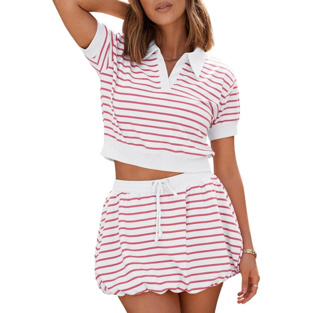 image:imageFisoew Womens Striped 2 Piece Outfits Skort Set Short Sleeves Shirts Bubble Mini Skirt Sets Matching SetsPink