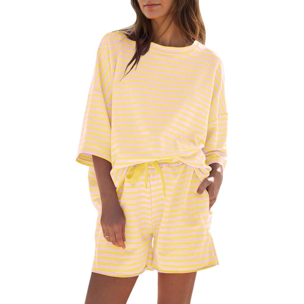 image:imageFisoew Womens Striped Short Sets 2 Piece Outfits Sweatsuits 34 Sleeve Pajamas Casual Lounge Sets