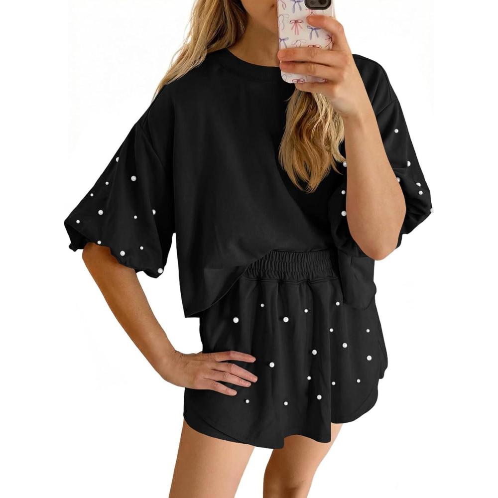 image:imageFisoew Womens Summer Lounge Shorts Sets 2 Piece Outfits Decor Pearl Short Puff Sleeve Sweatshirt Skort Skirt TracksuitsBlack