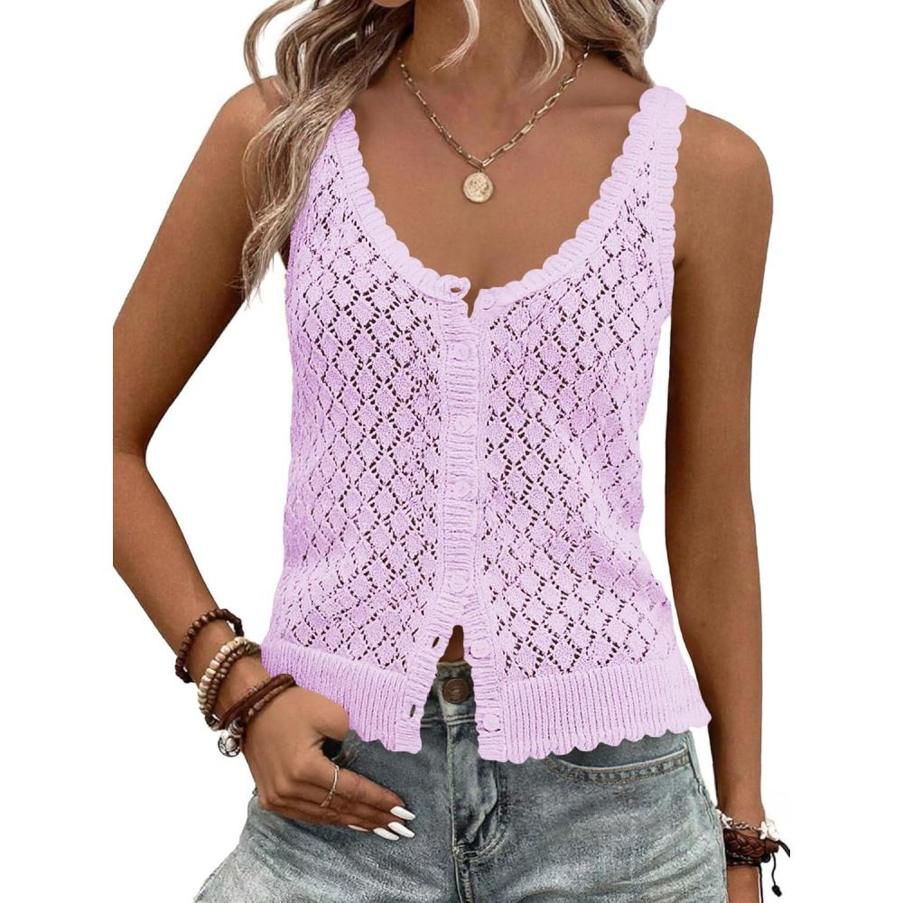 image:imageFisoew Womens Sweater Tank Tops Summer Sleeveless Crochet Cardigan Button Down Boho Knit Going Out Vest TopsLight Purple