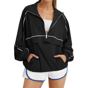 Fisoew Quarter Zip Pullover Women UPF 50+ Lightweight Windbreaker Jacket Running Hiking Outdoor Pullover with Pocket(Black)