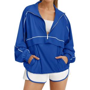 Fisoew Quarter Zip Pullover Women UPF 50+ Lightweight Windbreaker Jacket Running Hiking Outdoor Pullover with Pocket(Blue)