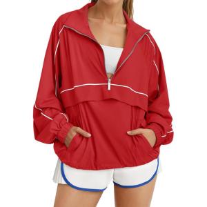 Fisoew Quarter Zip Pullover Women UPF 50+ Lightweight Windbreaker Jacket Running Hiking Outdoor Pullover with Pocket(Red)