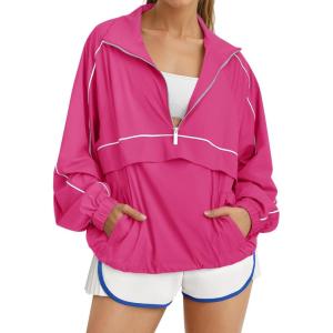 Fisoew Quarter Zip Pullover Women UPF 50+ Lightweight Windbreaker Jacket Running Hiking Outdoor Pullover with Pocket(Rose Red)