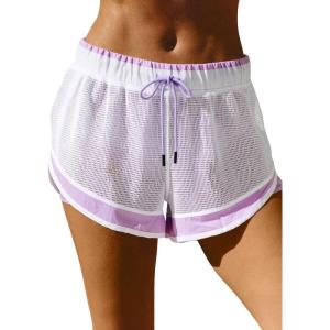 Fisoew Women Athletic Shorts 2 in 1 Running High Split Color Block Workout Yoga Mesh Shorts Pocket Drawstring White