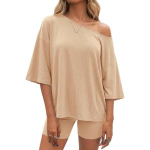 Fisoew Womens 2 Piece Lounge Sets Summer Matching Sets Oversized T Shirts and Biker Shorts 2026 Trendy Outfits(Apricot)