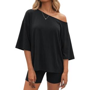 Fisoew Womens 2 Piece Lounge Sets Summer Matching Sets Oversized T Shirts and Biker Shorts 2026 Trendy Outfits(Black)