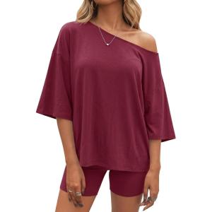 Fisoew Womens 2 Piece Lounge Sets Summer Matching Sets Oversized T Shirts and Biker Shorts 2026 Trendy Outfits(Dark Red)