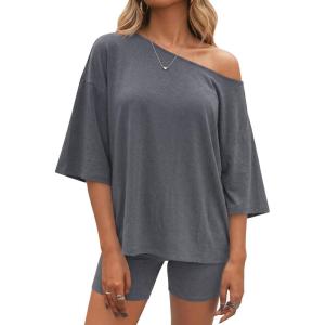 Fisoew Womens 2 Piece Lounge Sets Summer Matching Sets Oversized T Shirts and Biker Shorts 2026 Trendy Outfits(Grey)