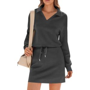 Fisoew Womens 2 Piece Outfits Casual Polo V Neck Sweatshirt High Waisted Skort Skirts Running Tracksuit Sets(Dark Grey)