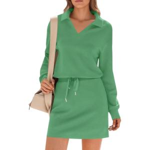 Fisoew Womens 2 Piece Outfits Casual Polo V Neck Sweatshirt High Waisted Skort Skirts Running Tracksuit Sets(Mint Color)