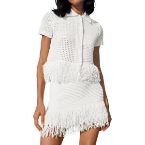 Fisoew Womens 2 Piece Outfits Crochet Short Sleeve Button Knit Sweater Tops and Fringe Skirt Vacation Sets(Bleached White)
