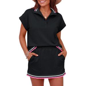 Fisoew Womens 2 Piece Outfits Short Sets Sweatsuit Casual Tracksuits Summer Button Ruffle Tops Mini Skirts Matching Sets(Black)