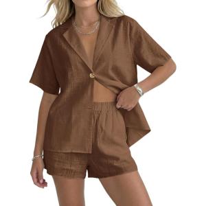 Fisoew Womens 2 Piece Sets Summer Button Down Collared Shirt Shorts Sets Beach Vacation Outfits Casual Matching Sets(Brown)