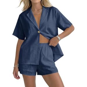 Fisoew Womens 2 Piece Sets Summer Button Down Collared Shirt Shorts Sets Beach Vacation Outfits Casual Matching Sets(Dark Blue)