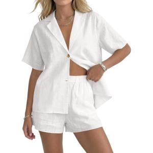 Fisoew Womens 2 Piece Sets Summer Button Down Collared Shirt Shorts Sets Beach Vacation Outfits Casual Matching Sets(White)