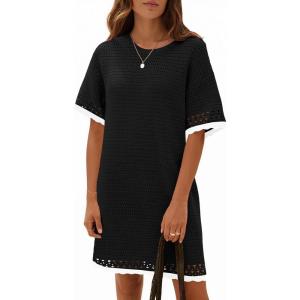 Fisoew Womens Crochet Knit Dress Summer Short Sleeve Cotton Casual Loose Coverups Beach Vacation Mini Dresses(Black)