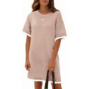 Fisoew Womens Crochet Knit Dress Summer Short Sleeve Cotton Casual Loose Coverups Beach Vacation Mini Dresses(Khaki)