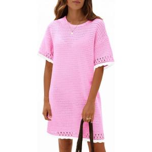 Fisoew Womens Crochet Knit Dress Summer Short Sleeve Cotton Casual Loose Coverups Beach Vacation Mini Dresses(Pink)