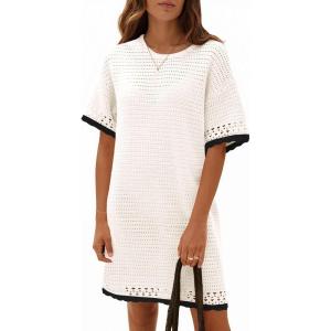 Fisoew Womens Crochet Knit Dress Summer Short Sleeve Cotton Casual Loose Coverups Beach Vacation Mini Dresses(White)