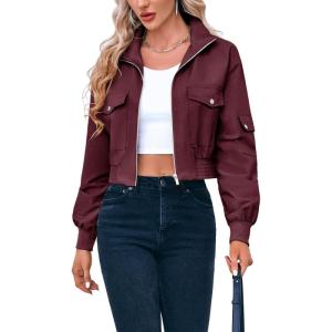 Fisoew Women’s Cropped Bomber Jackets Lightweight Zip Up Stand Collar Long Sleeve Short Jacket with Pockets(Dark Red)